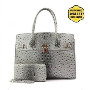 Grey Ostrich Handbag & Wallet